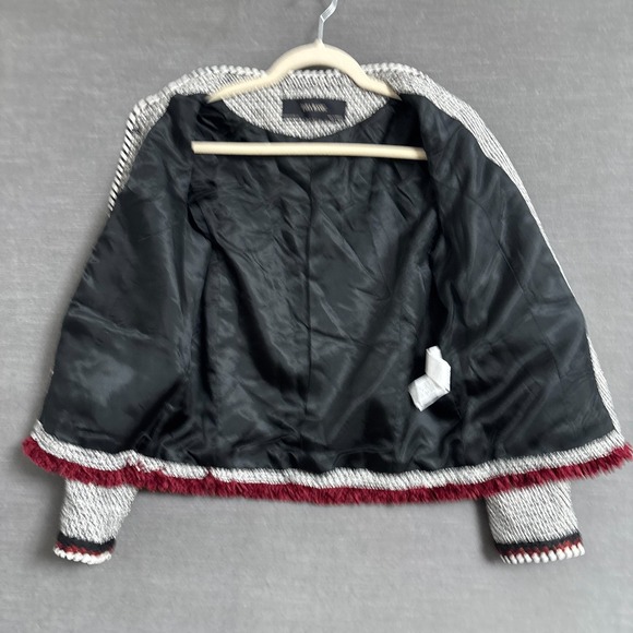 Zara Blazer Jacket M Black Red Tweed Fringe Classic Career Work Office Preppy - Picture 8 of 11